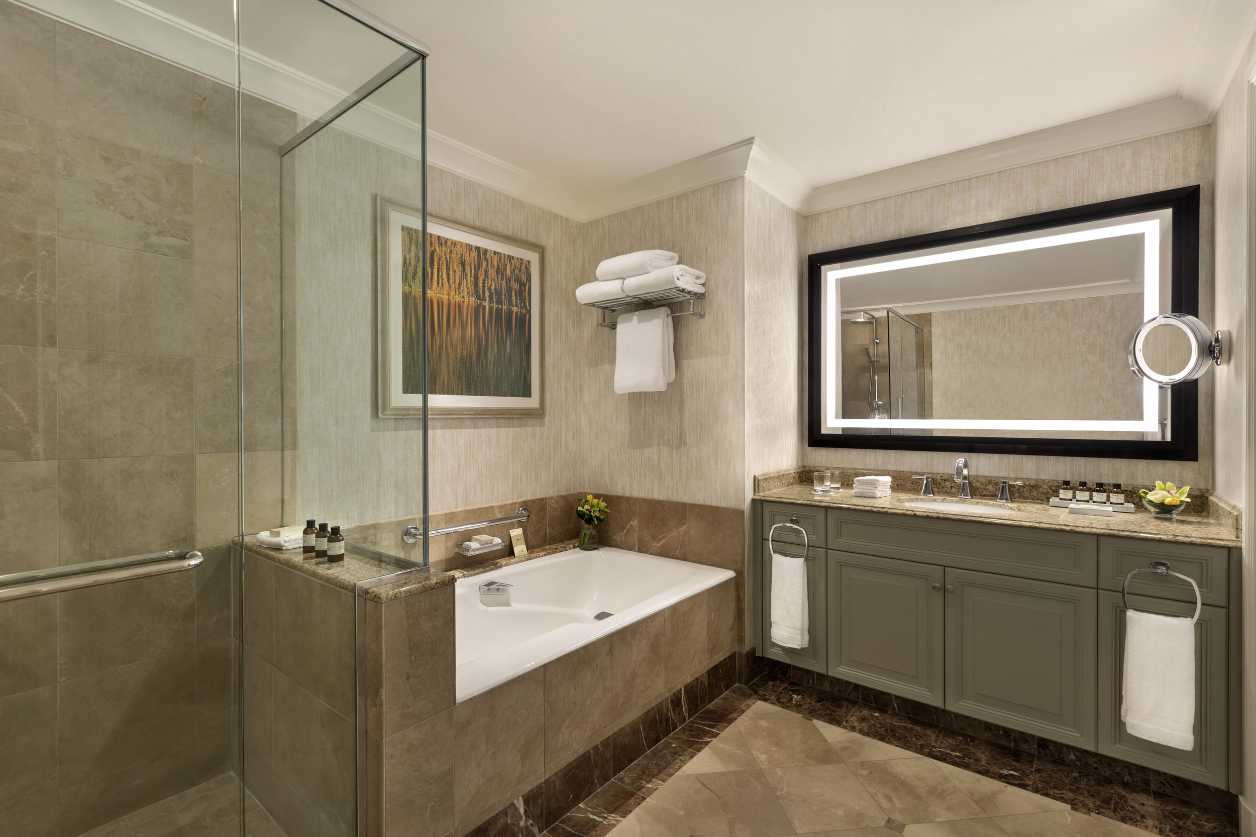 bathroom with bathtub and walk-in shower