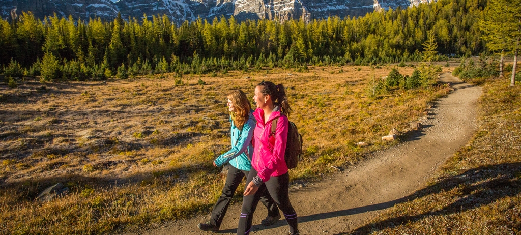 two people hiking in a grassy area with mountains in the background