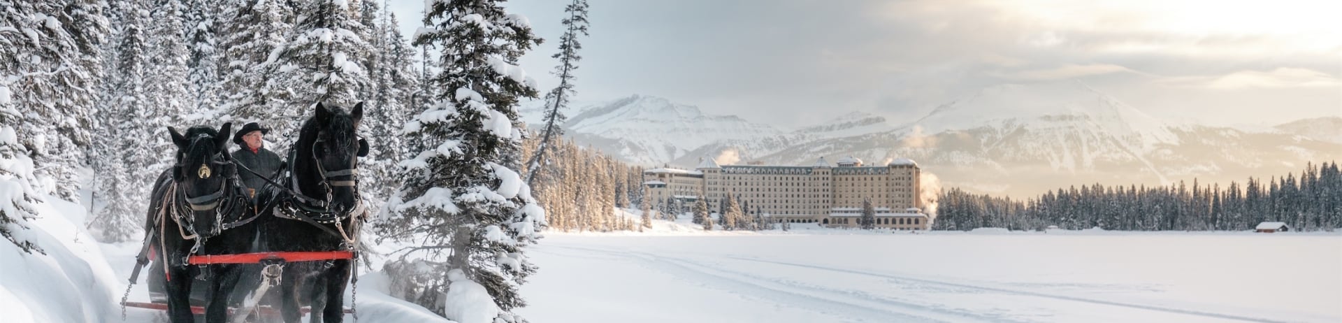 man in a sleigh being pulled by two horses next to the frozen lake