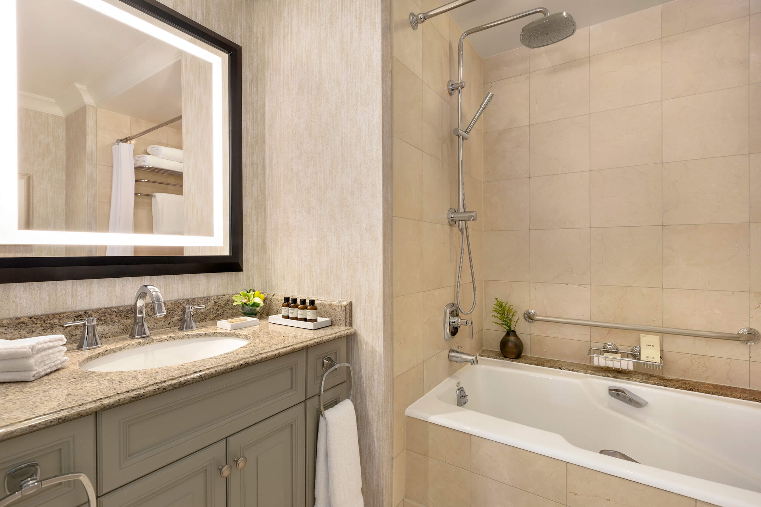 bathroom bathtub with rainfall shower head