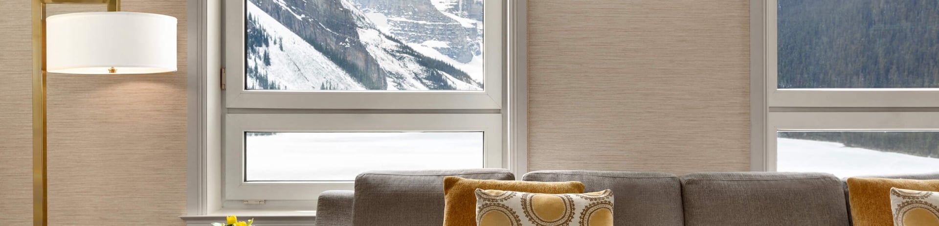 close up of sectional with window overlooking the mountains