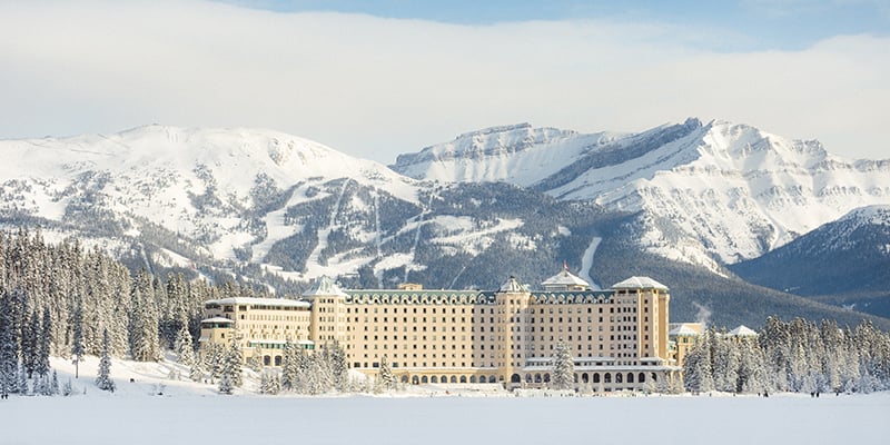 The exterior of Fairmont Chateau Lake Louise in winter