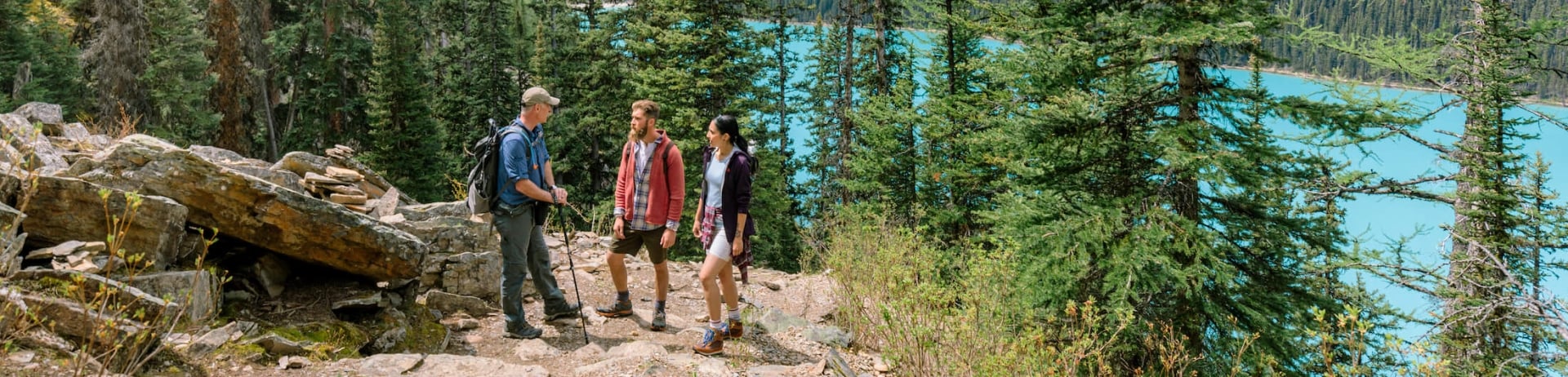 people hiking through a wooded area
