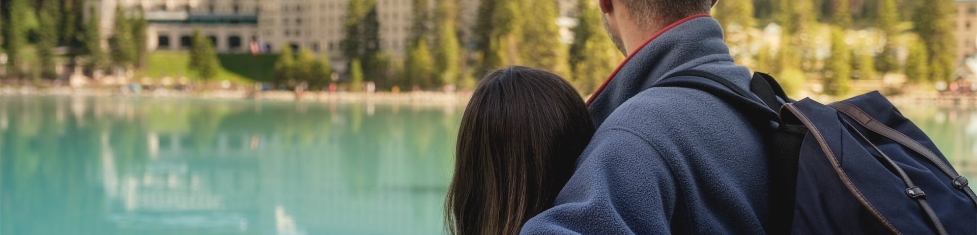couple stand beside lake and mountains in the background