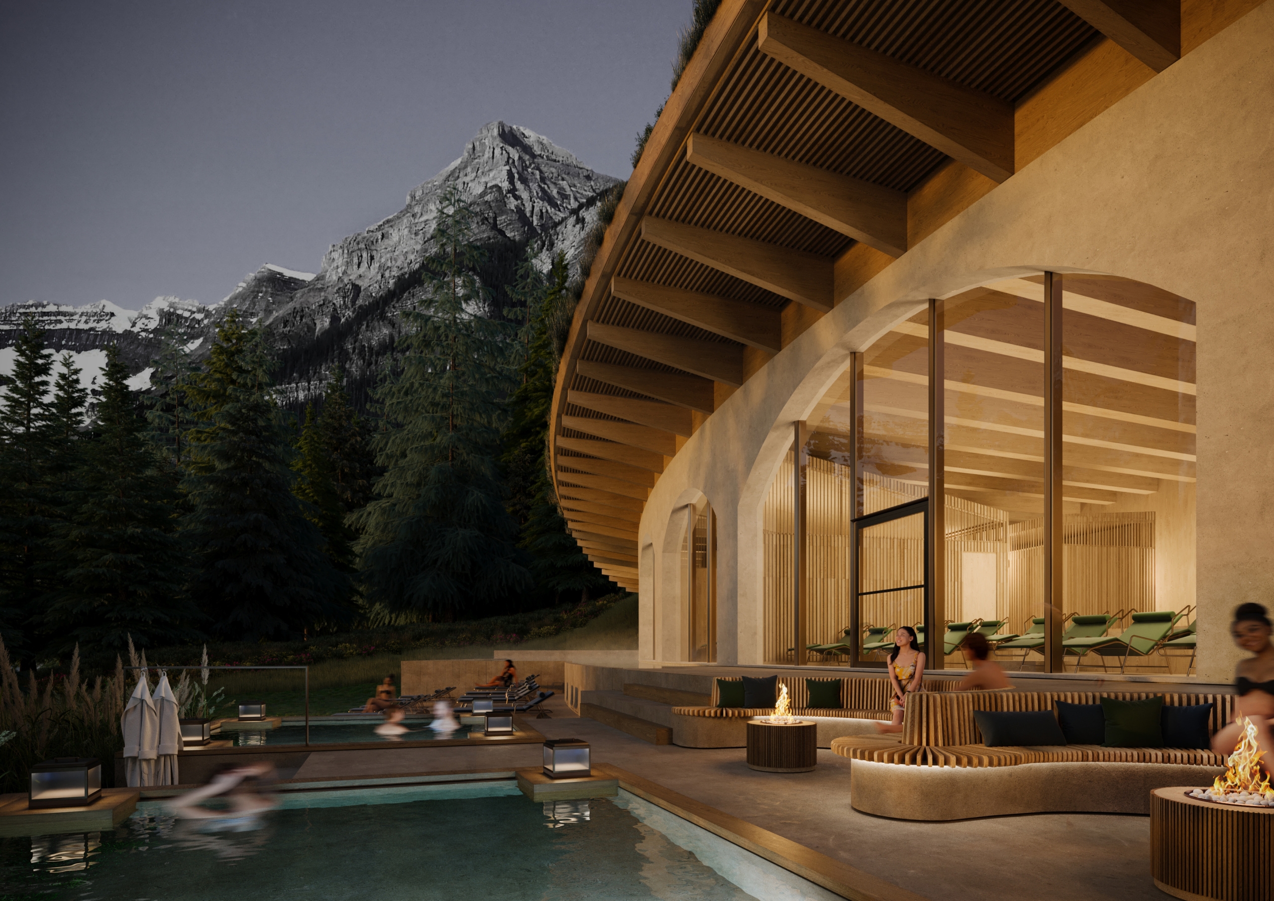 close up view and rendering of new state of the art thermal wellness facility