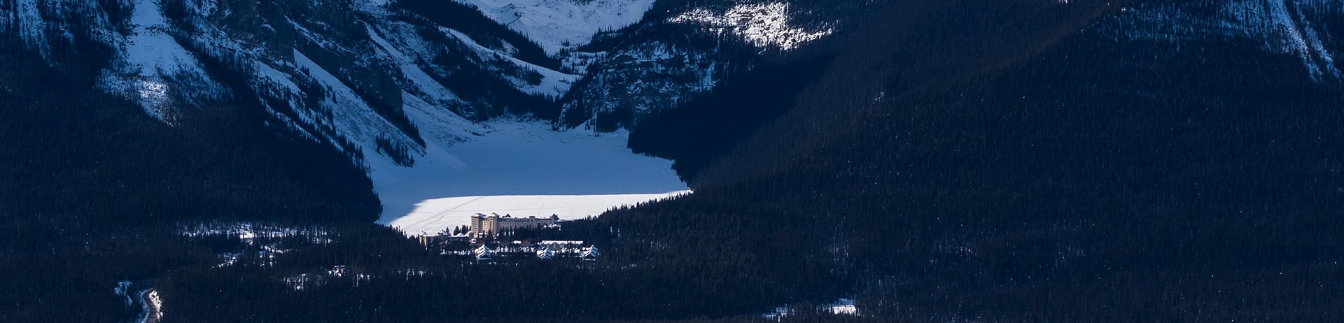 Fairmont Chateau Lake Louise aerial shot in winter