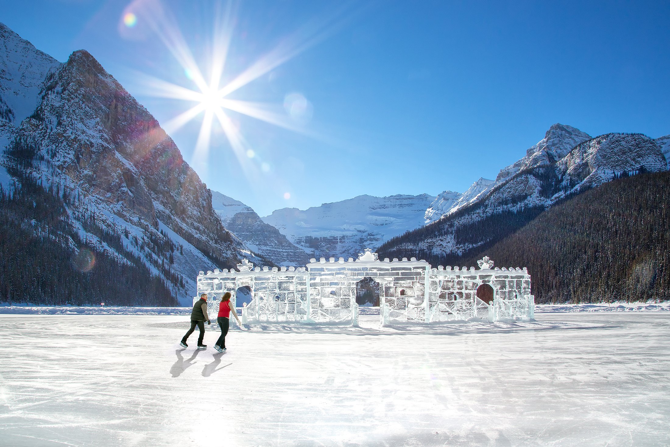 Glide over the frozen waters or Lake Louise and take a twirl around the Ice Castle