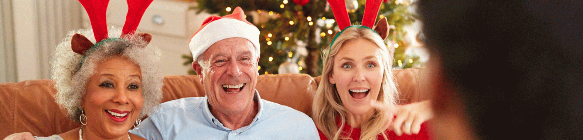 Group of 3 older adults smiling seated in festive attire