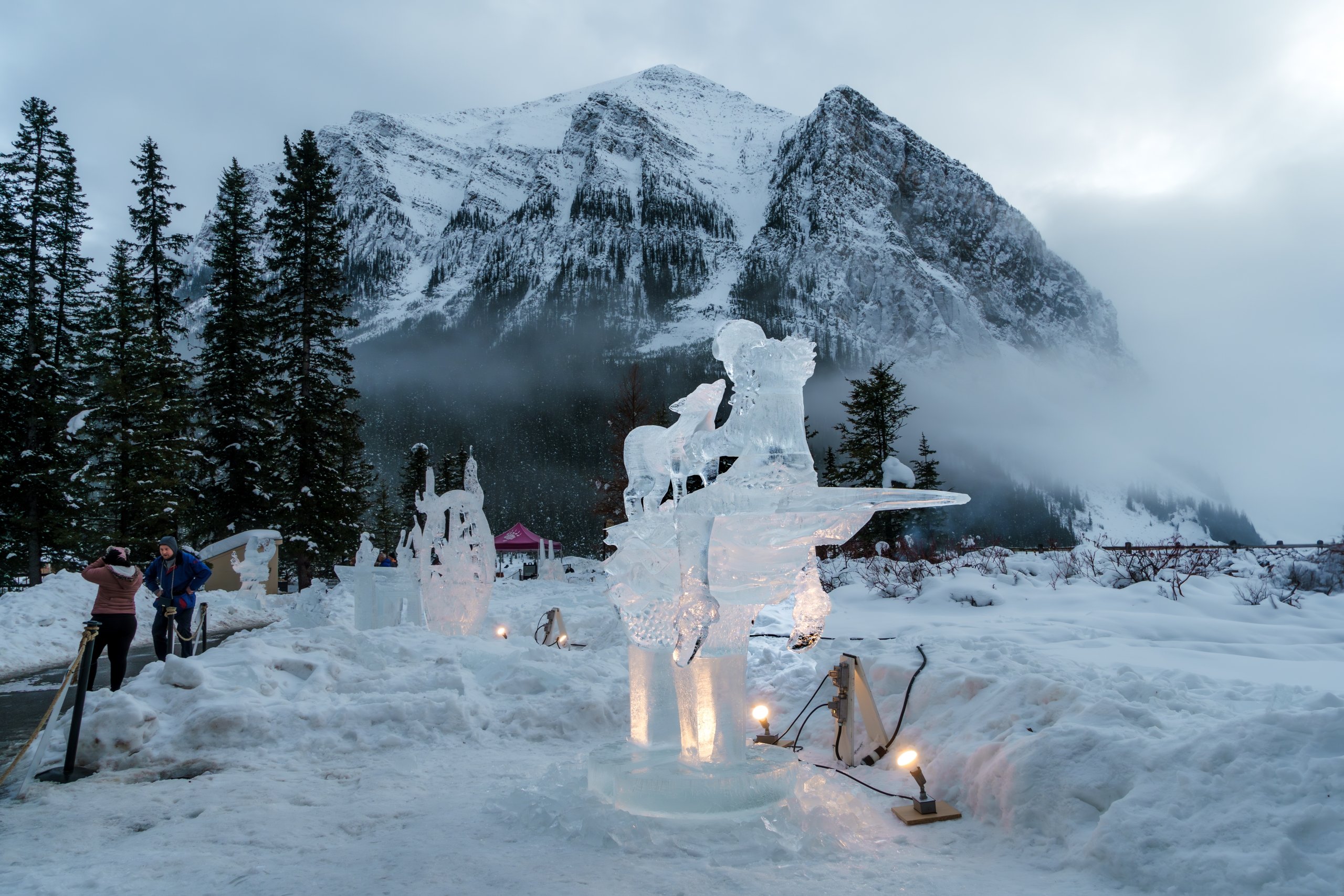 Ice sculpture in front of Fairview Mountain