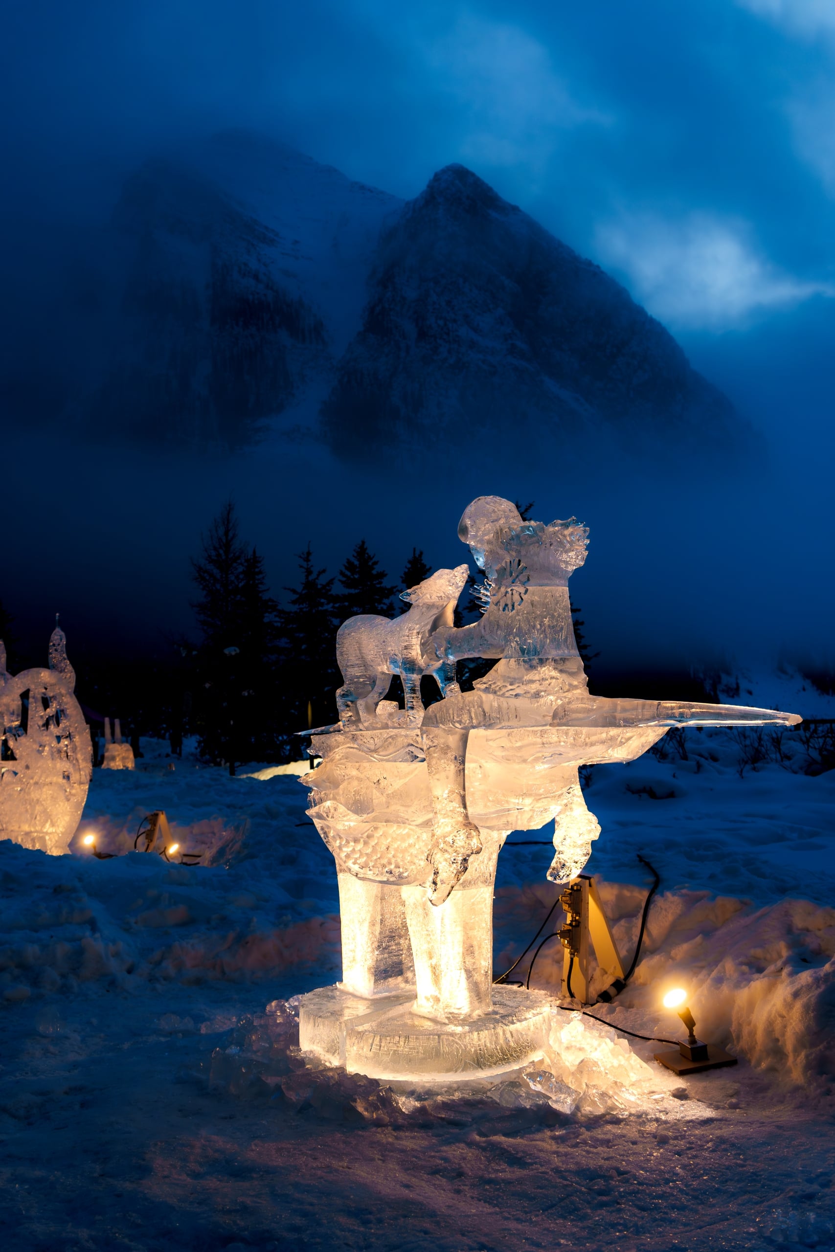 Ice sculpture in front of Fairview Mountain